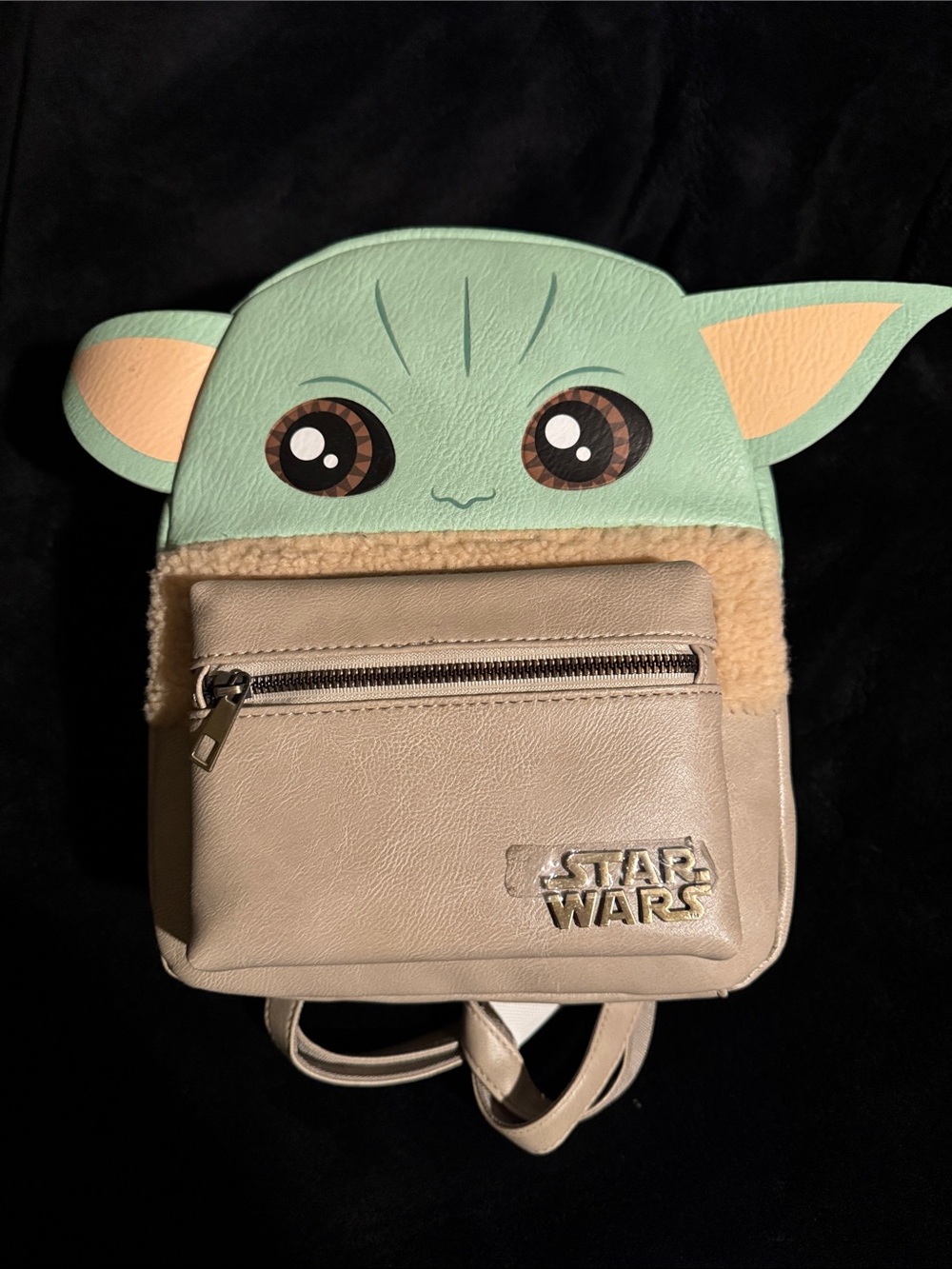 Star Wars Kids Backpack with Mint Green Grogu Face and Beige Sherpa Pocket